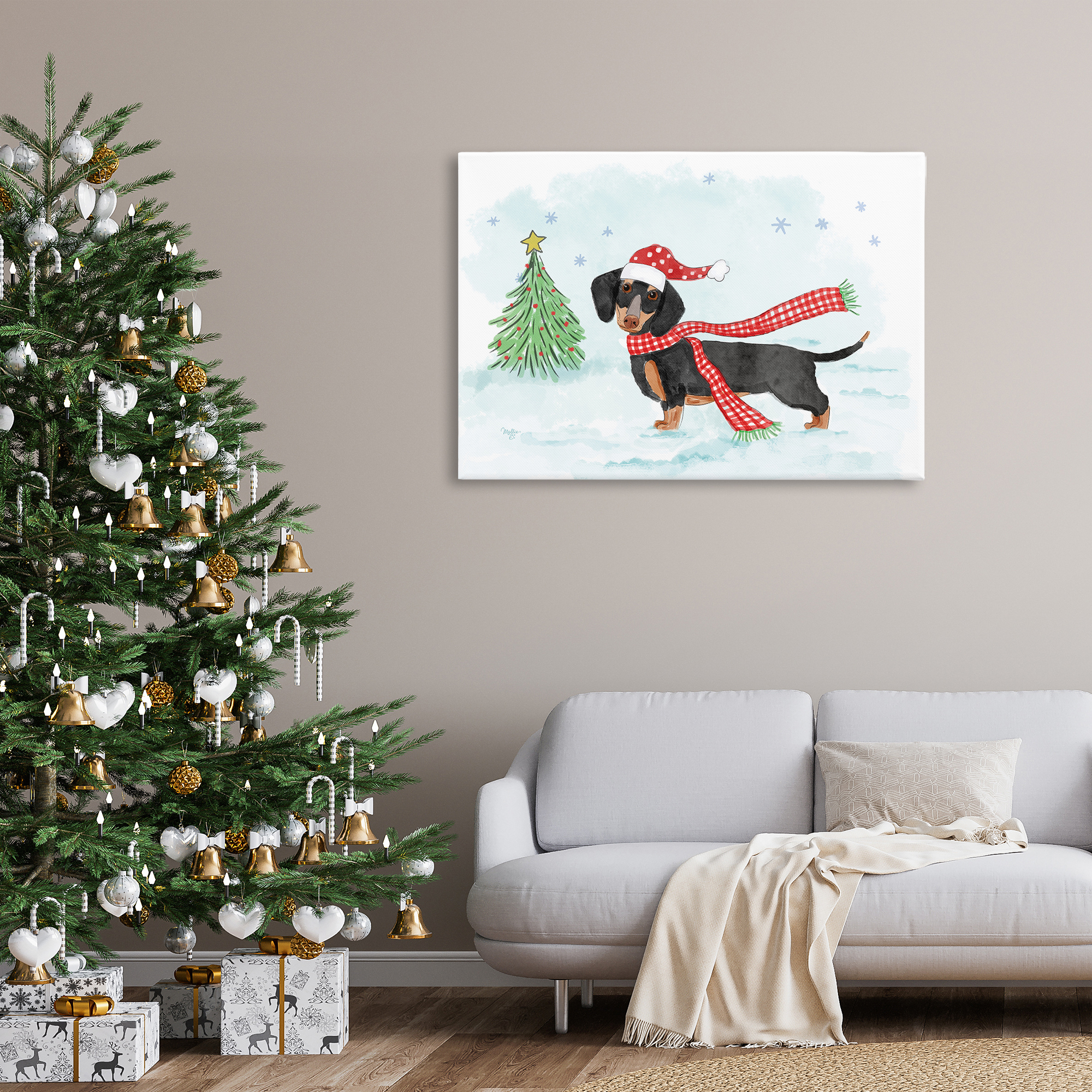 Stupell Industries Dachshund with Scarf Holiday Painting Gallery Wrapped Canvas Art Prints Wall Art, 45 x 30