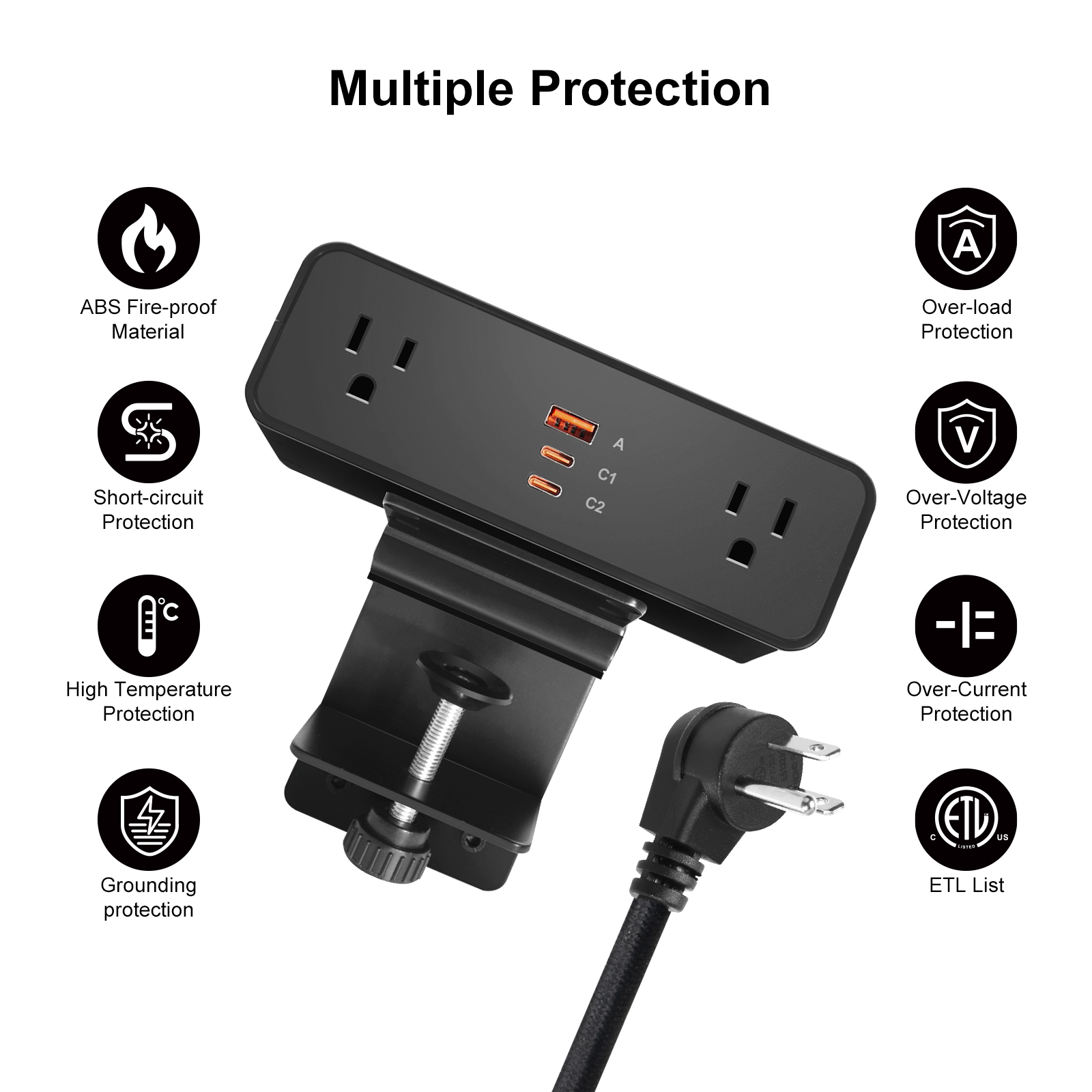 Desk Clamp Power Strip USB C 100W, Desktop Edge Mount Fast Charge Station 3 PD USB Port 2 AC Outlets 6ft Braided Extension Cord Flat Plug Fit Max 3.26’’ Tabletop Edge for Gaming Office Table