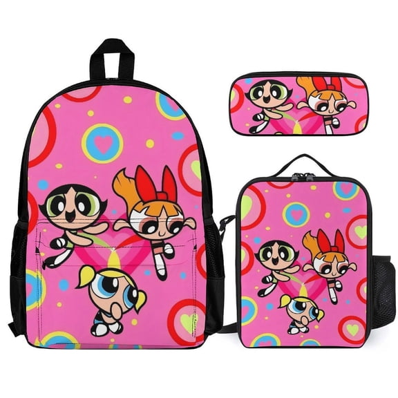 The Powerpuff G-i--r-l-s Fun cartoon three-piece backpack set: includes backpack lunch box and pencil case One size