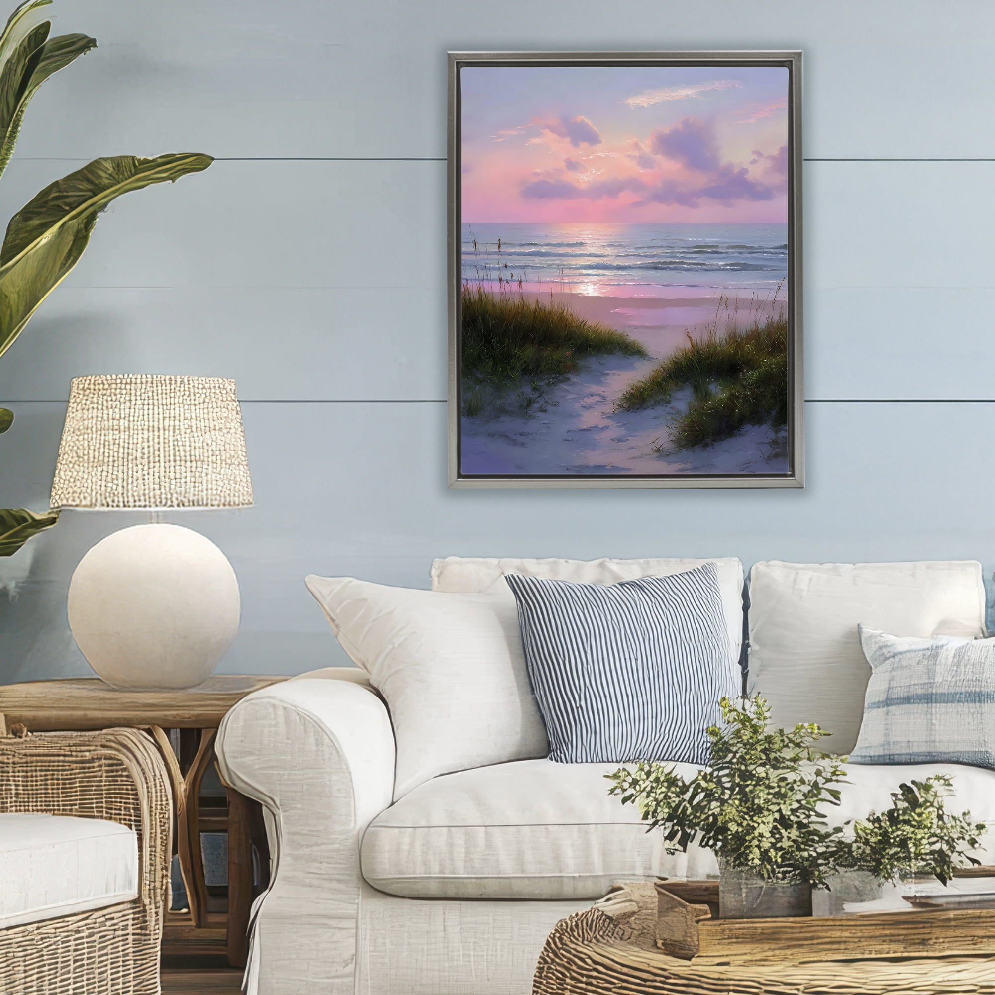 Stupell Industries Romantic Beach Sunset in Pink Gray Framed Floater Canvas Wall Art, design by Franklyn Gregory