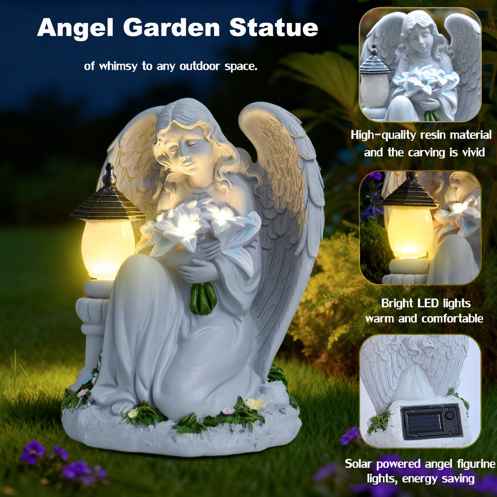 Solar Angel Garden Statue Outdoor, Praying Angel Statues Solar Figurine Lights Outdoor Waterproof, Resin Angel Sculpture for Garden Yard Lawn Grave Cemetery Decor, Angel Gift for Mom Grandma Women