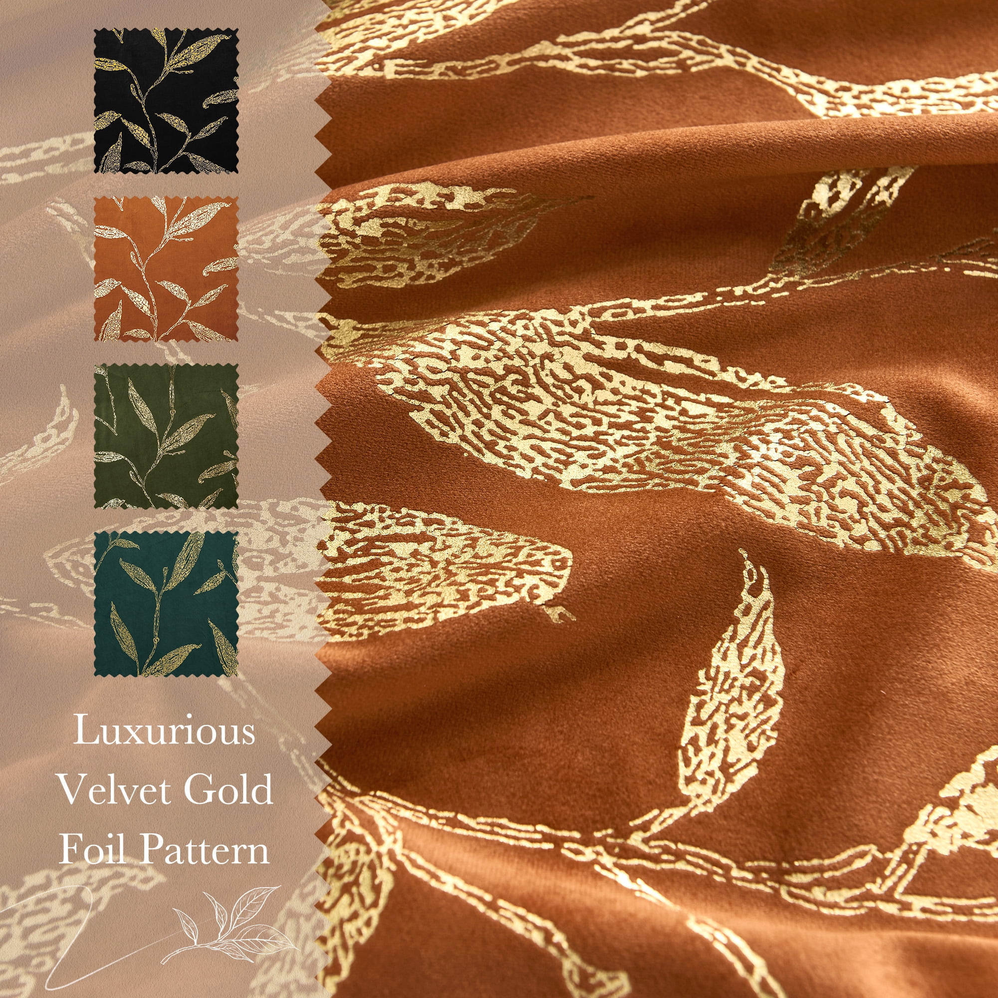 NICETOWN Blackout Velvet Curtains for Living Room, Soft Vintage Leaf Patterned Gold Foil Printed Velvet Curtains Rod Pocket Room Darkening Thermal Insulated Drapes, Gold Brown, 50"x84", 2 Panels