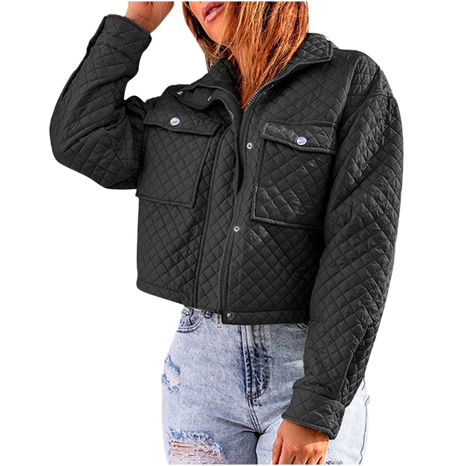 IROINNID Women's Short Blouson Jacket Jacket Solid Color Long Sleeve  Leisure Loose Zipper Short Jacket, Black