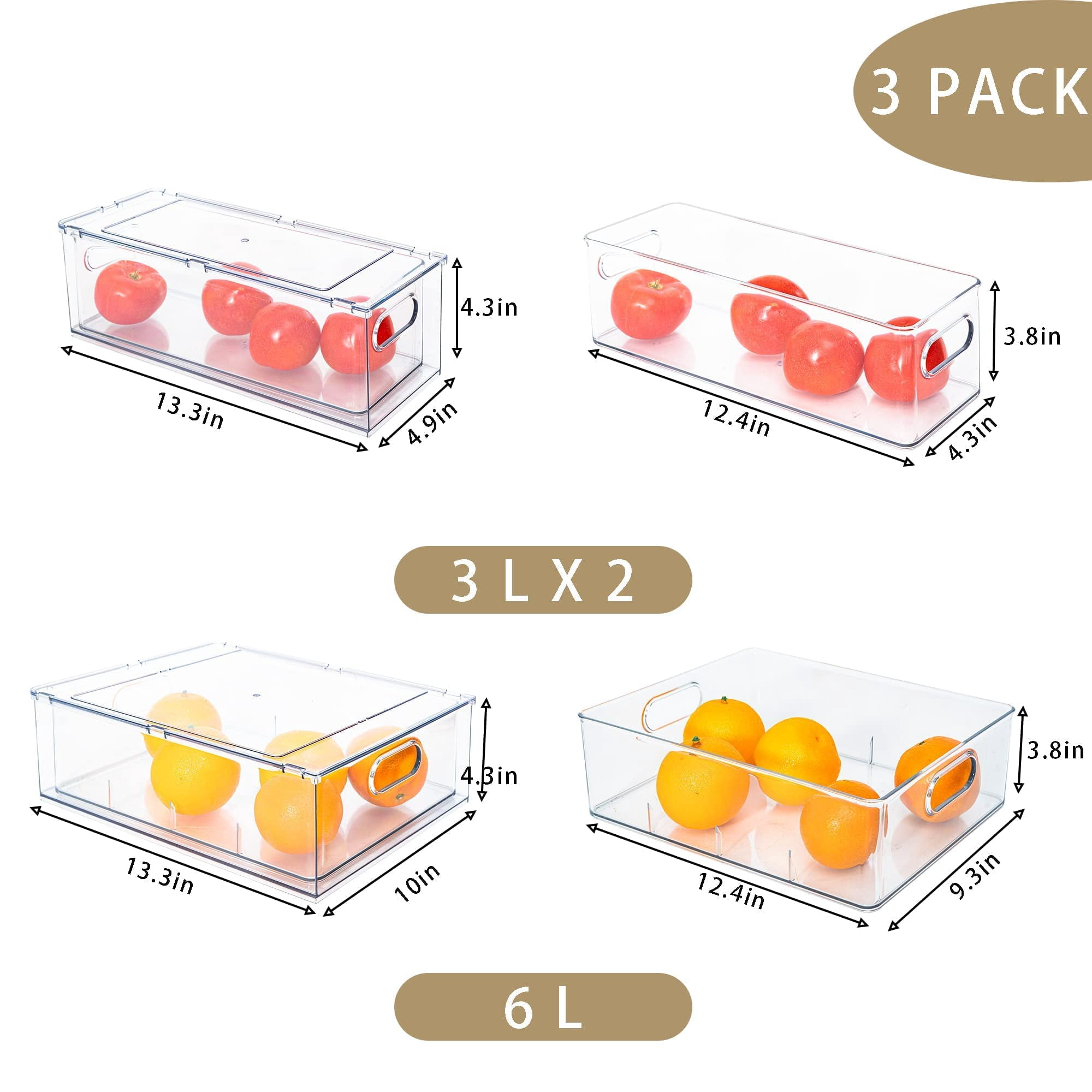 Set Of 3 Stackable Refrigerator Organizer Bins Pull-out Drawers For Fruit And Veggies Divided Storage Fridge Clear Drawer Containers With Handle Produce Saver  Eggs Snack