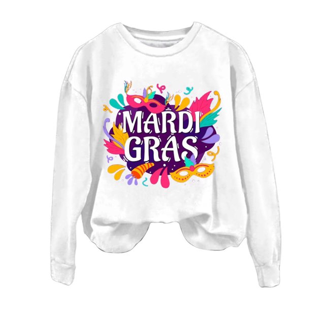 Gibobby Temperamento Pullover Top Sudadera con cuello redondo y estampado de Mardi para mujer, con cuello redondo, camisas de entrenamiento de manga larga a la moda, blusa hol(Blanco, M)