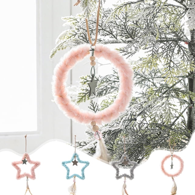 Xihbxyly Colgante para Árbol de Navidad, Diseño de Estrella de Peluche, con Cuentas y Plumas, Material Suave y Acogedor, Decoración Navideña Versátil, Fácil de Colgar, Ideal para Habitación y Árbol,