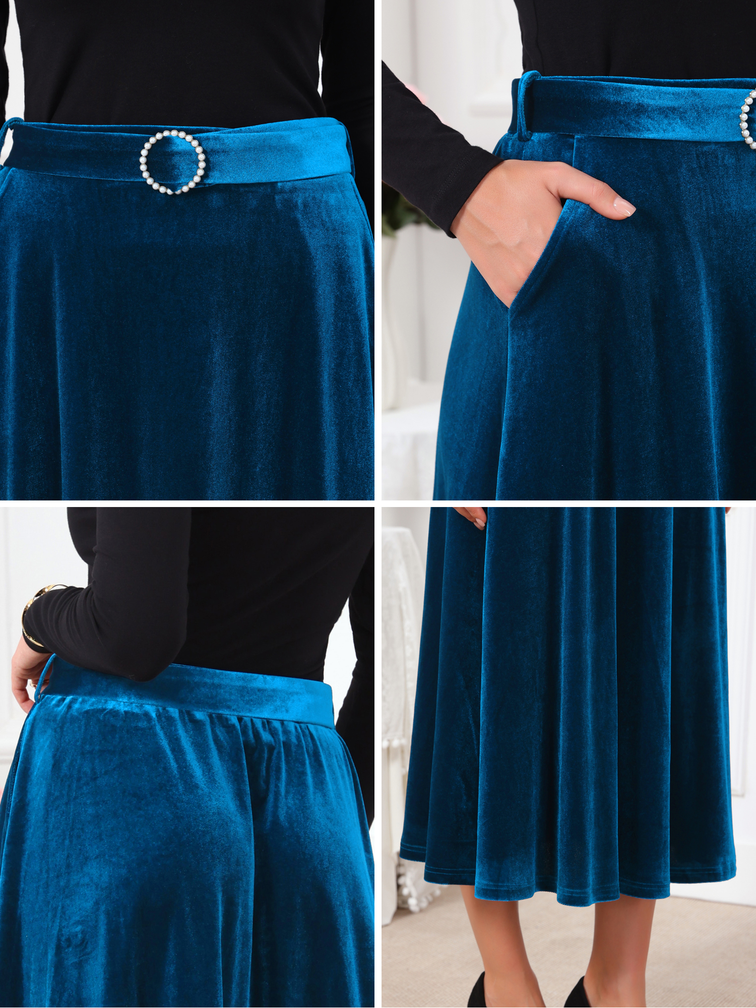 DARING DIVA Women's Velvet Long High Waist Elegant Cocktail Skirt S Blue Green