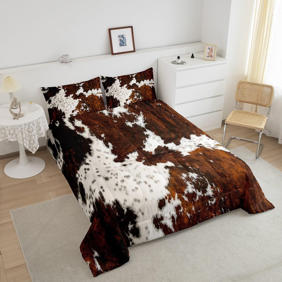 Milk Cow Print Full Comforter Set for Men,Black Brown Cowhide Western Bedding,Farmhouse Rustic Animal Skin Down Comforter,Bull Cattle Wildlife Quilt Cowboy Bohemian Exotic Decor