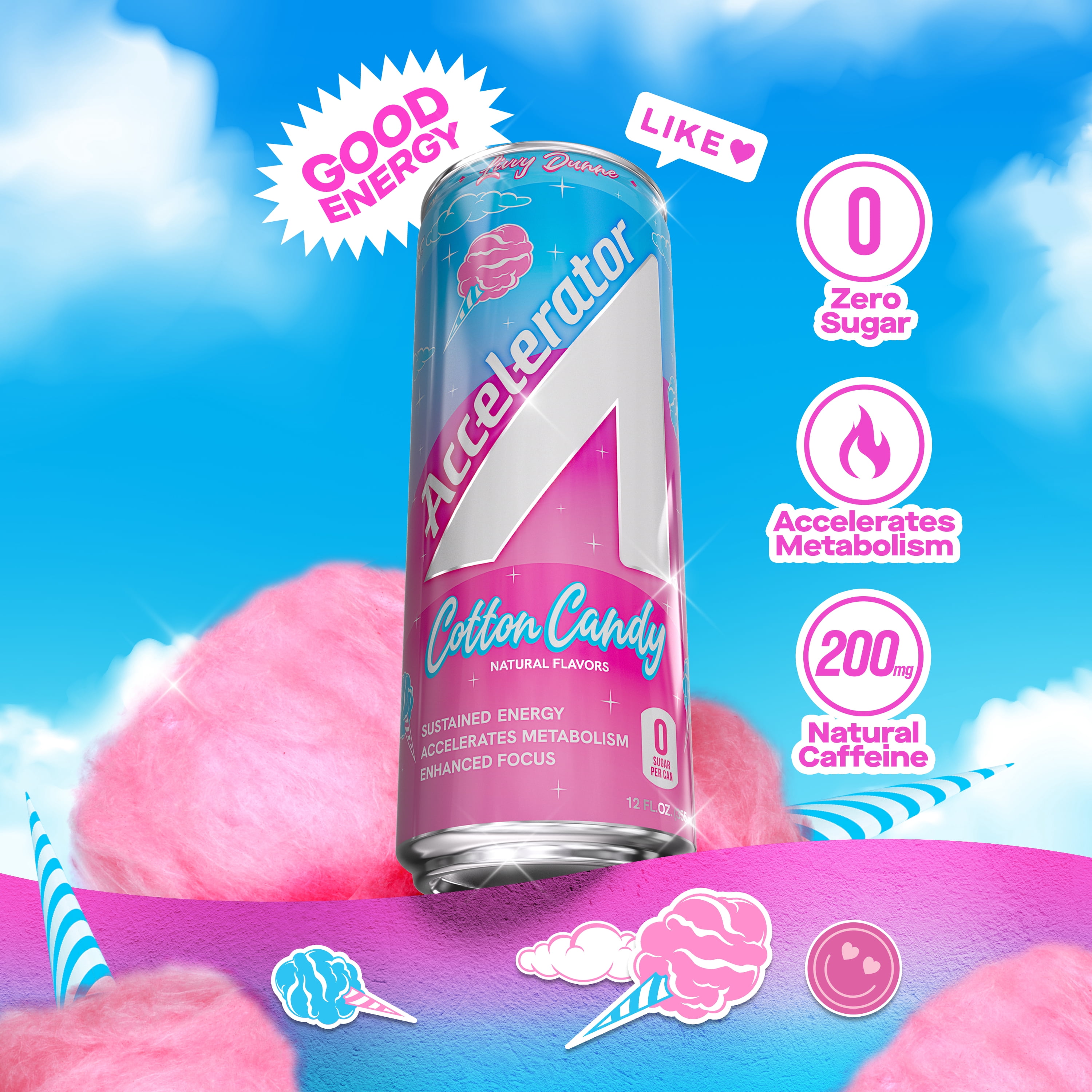 Accelerator Energy Drink, Cotton Candy 12 fl oz can (12 pack), Zero Sugar, Sustained Energy from 100% Natural Caffeine (200mg from Green Coffee Bean & Green Tea extract)