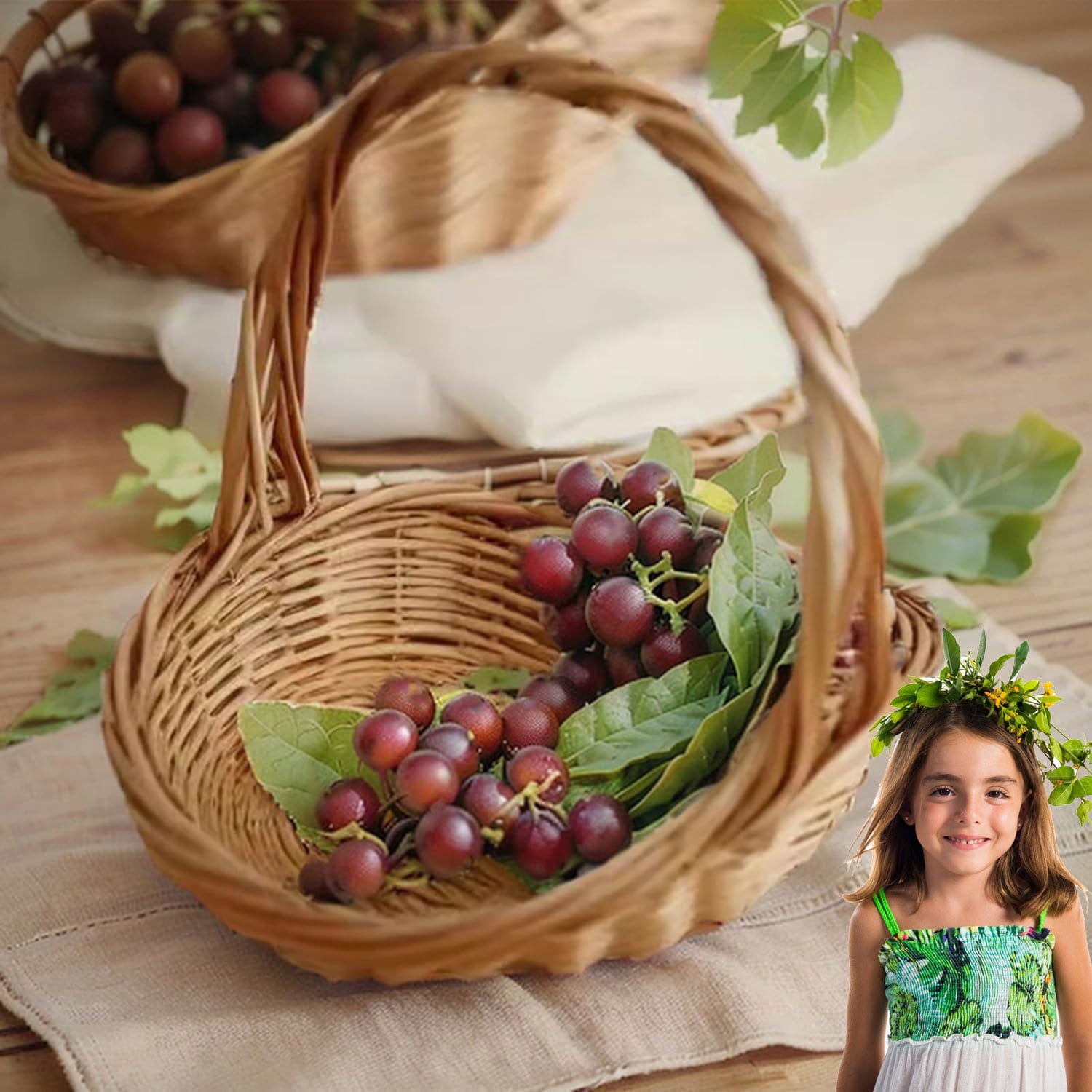 Rattan Garden Baskets for Gathering Vegetables, Mini Picnic Basket with Handle, Multipurpose Harvest Basket Woven Easter Basket for Fruits , Rustic Woven Picnic Basket with Handle(S)