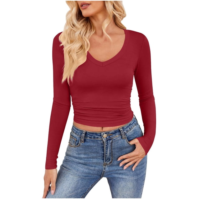 Crop Tops pour Femmes Col en V Profond Ajusté Confortable Léger Sortie Blouse à Manches Longues