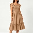 thumbnail image 2 of Ygbgbb Women's Square Neck Smocked Midi Dress with Ruffled Sleeves and Hem, Gathered Bust Dress, Ruffle Detail Casual Summer Sundress Khaki L, 2 of 5
