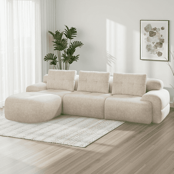 Goosea Oversized 112'' Modular Sectional Sofa with Chaise, Full Foam Structure for Comfort, Woven Texture Upholstery, Modern Living Room Couch, Compression Packaging Design, Beige