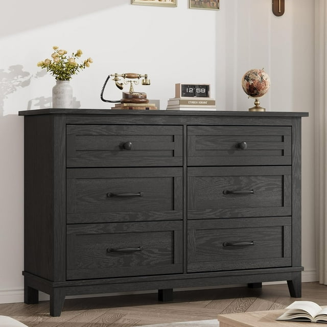 Commode 6 Tiroirs pour Chambre, Commode à Tiroirs de 47 Po de Large avec Rangement Autoportante, Coffre de Rangement en Bois pour Garde-Robe pour Salon, Chambre, Entrée, Noir