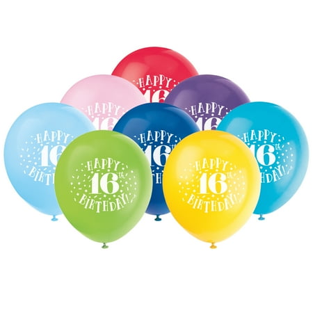 Pack of 12 Unique Industries Latex 16  Multi-color Graphic Prints Happy 16th Birthday Balloons  8 Count
