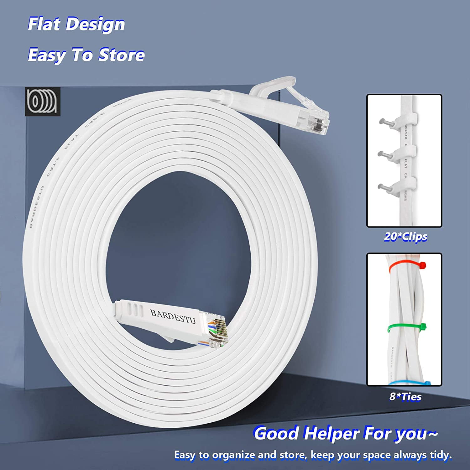 Cat6 Ethernet Cable 100 ft, BARDESTU Flat White Slim Long Internet Network  Cable Cat6 Computer Wire LAN Patch Cords with Cable Clips and Strips for