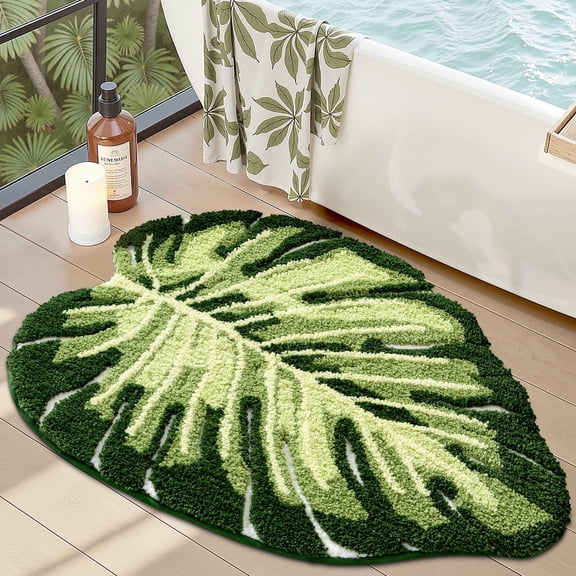FRABE Bathroom Rugs Monstera Leaf Pattern Cute Soft, Plush, Absorbent Non Slip Shower Mat for Bathroom, Bedroom, Kids Room, 23.5x31.5