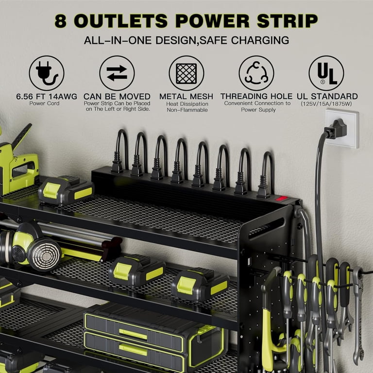 Wall Mount Power Tool Organizer – Adjustable Shelves, 4-Outlet Charging Station, Heavy Duty Steel