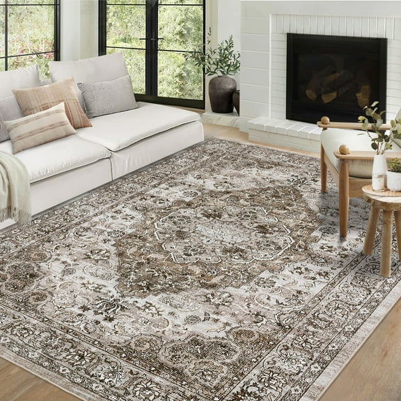 Haperlare Floral Distressed Area Rugs Vintage Washable Ultra-Thin Rugs for Bedroom Living Room Home Office Brown Carpet,5'x7'
