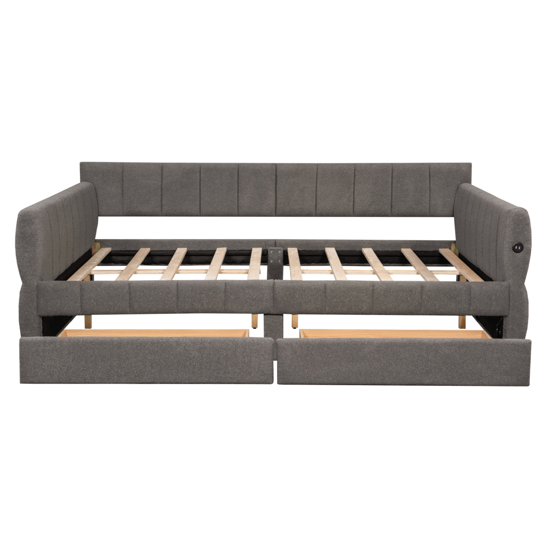 Noble House Alver Queen Upholstered Platform Bed, Luxurious Lambswool Frame with USB Ports and 2 Drawers, Gray