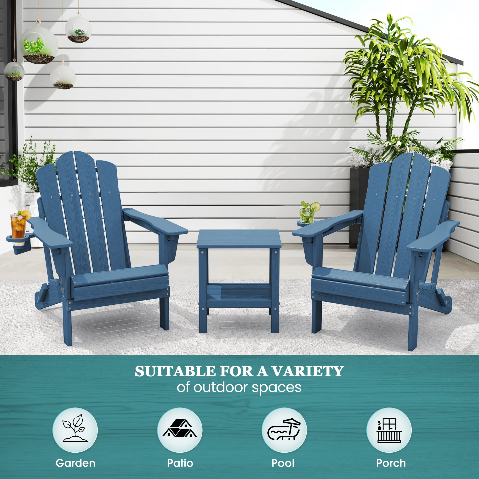 KINGYES Folding Adjustable Adirondack Chairs Set of 4, All Weather Use Reclining Adirondack Chair, HDPE Adirondack Outdoor Chair - Blue