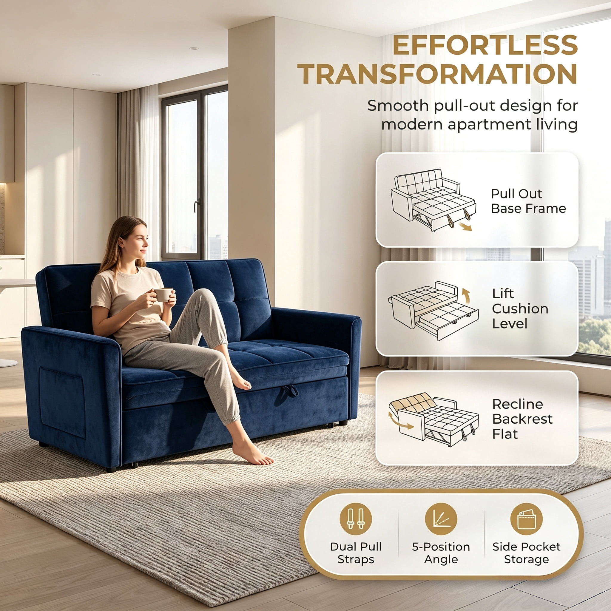 54" Convertible Sleeper Sofa Bed, Modern Velvet 3-in-1 Pull Out Loveseat Couch with 5-Position Backrest & Side Storage Pocket for Living Room, Blue