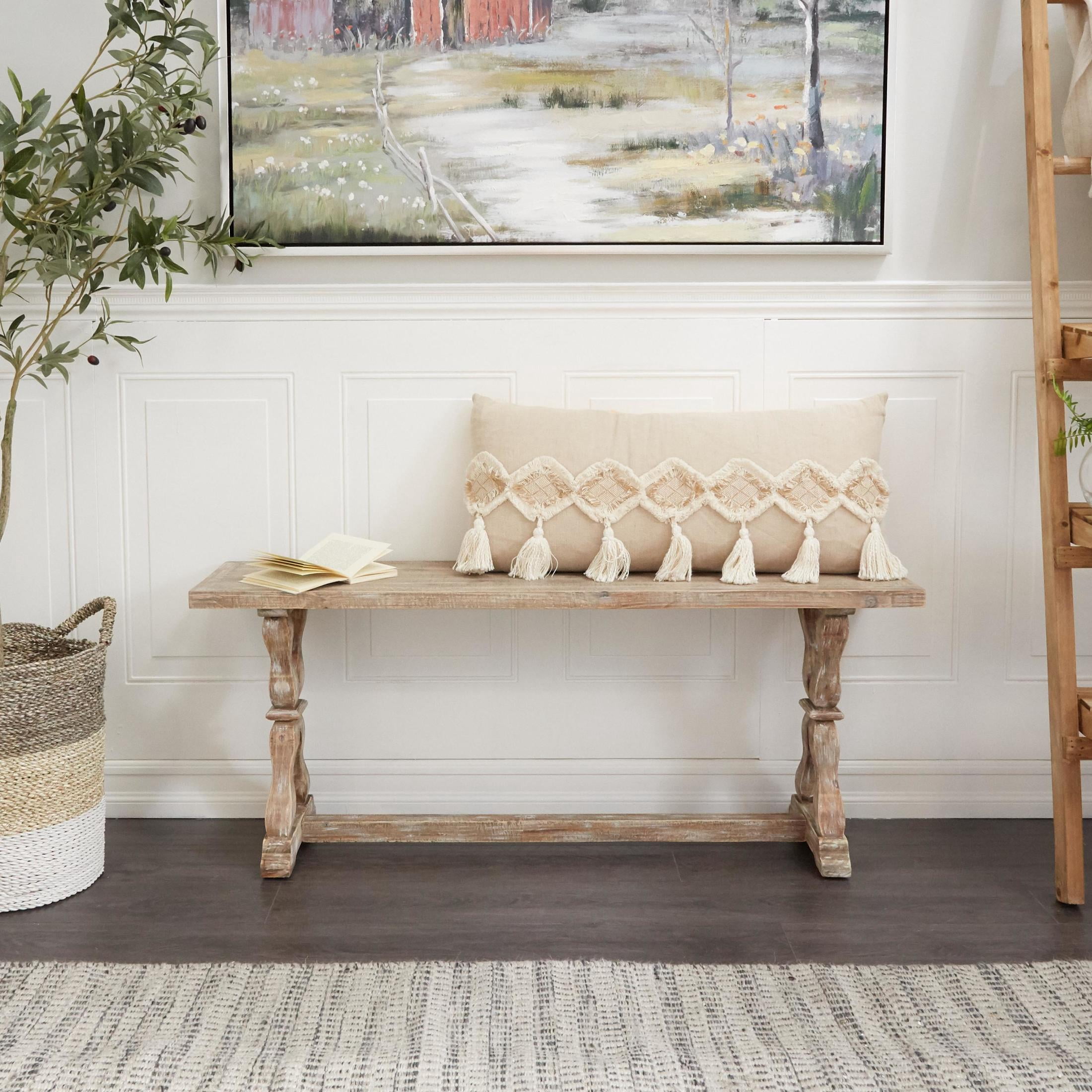 DecMode Wood Whitewashed Bench with Angled Turned Legs, Brown