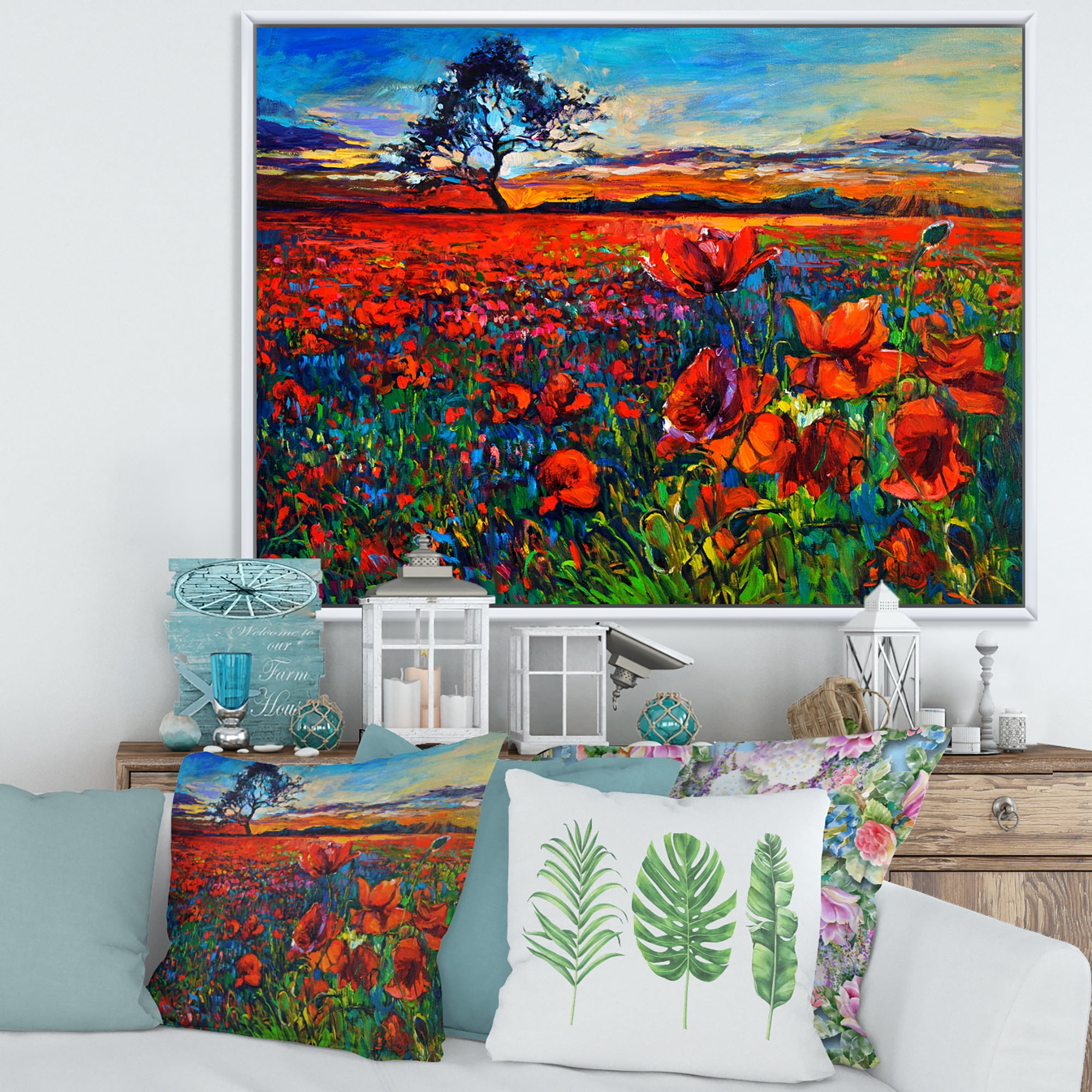 Designart 'Blossoming Red Poppy Fields With Distant Tree' Traditional Framed Canvas Wall Art Print