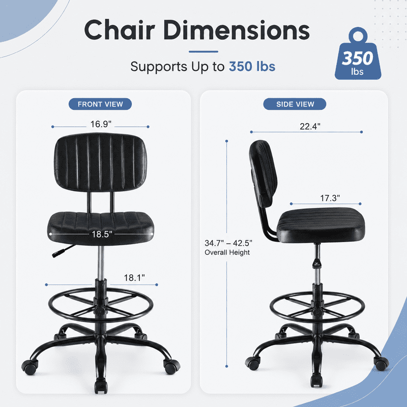 Simple Deluxe Armless Drafting Chair with Footrest, PU Leather, Black