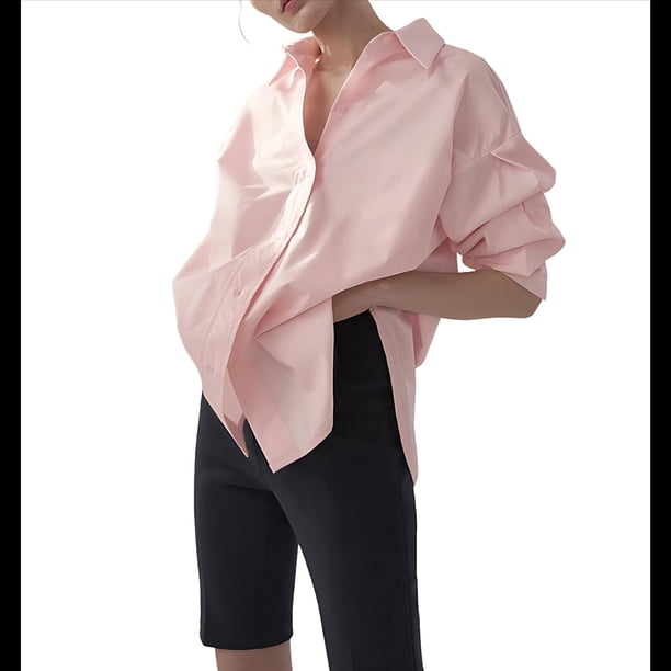 Camisas Casuales de Mujer, Camisa de Larga con Botones, Moda Deportiva. Rosa L
