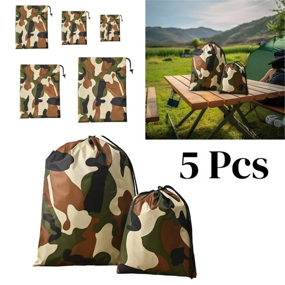 Fakrich 5 Pcs Camo Camping Bag,Drawstring Backpack Camouflage Drawstring Bags,Camo Polyester Dustproof Outdoor Pack Bulk Woodland Bag (Classic,5 sizes)