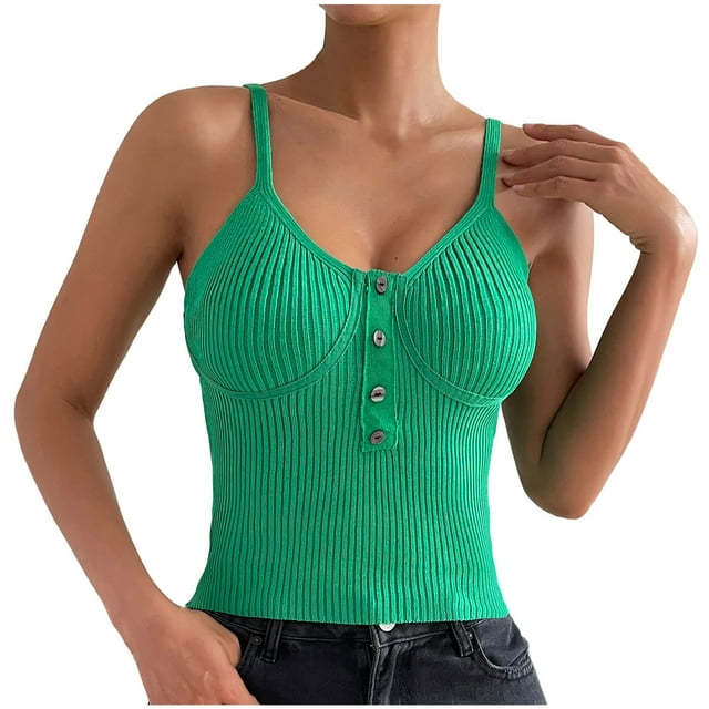 Womens Summer Rib Knitted Camisole Tops V Neck Spaghetti Straps Button Vest Blouses Solid Color Slim Fitted Tank Shirts