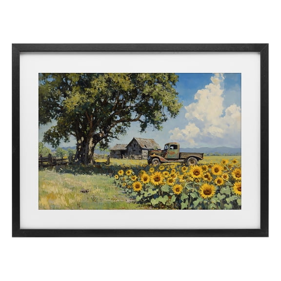Stupell Industries Rustic Lodge Sunflower Pickup by Old Barn Black Framed Print Under Glass, 20 x 14, by Franklyn Gregory