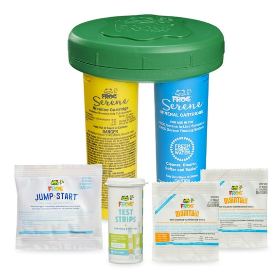 FROG Serene Floating Complete Sanitizing System  2 FROG Maintain Non-Chlorine Shock Treatments for Hot Tubs, Quick and Easy Self-Regulating Hot Tub Sanitizer with Bromine and FROG Sanitizing Minerals