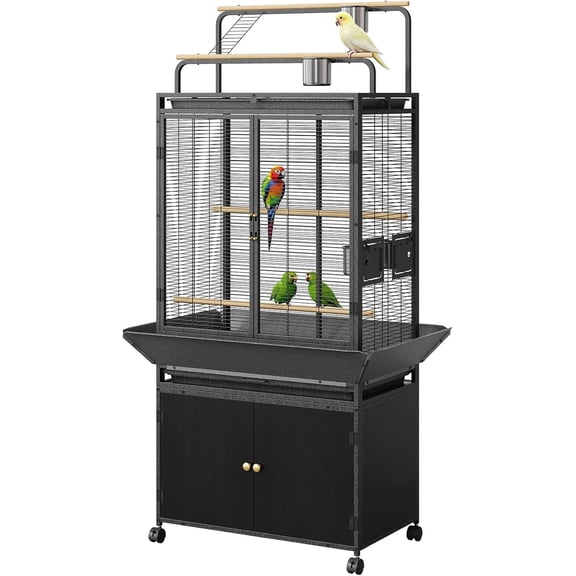 71 In Large Bird Cage with Storage Cabinet Rolling Metal Aviary with Play Top for Parrots and Birds
