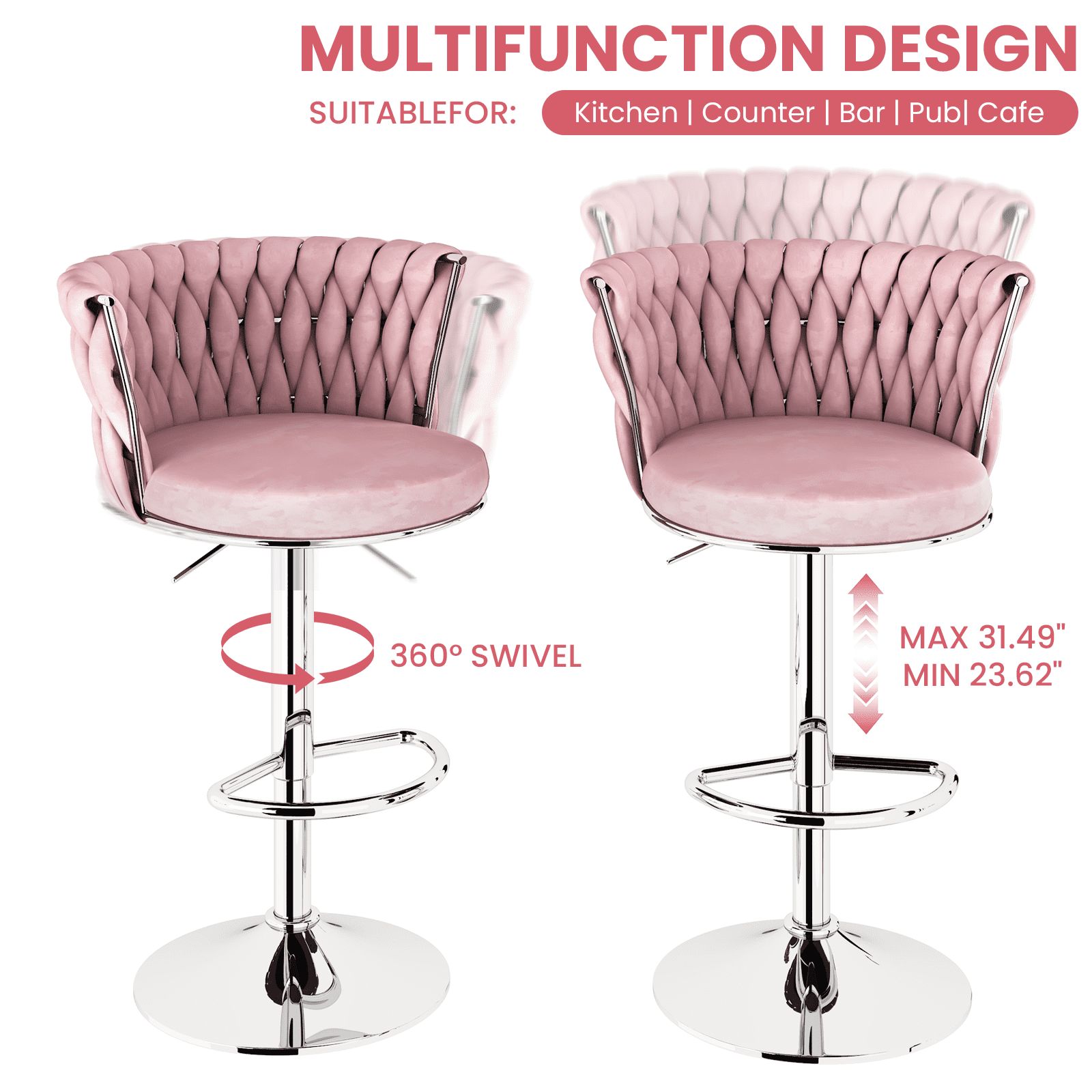 Mieres Velvet Bar Stools Set of 2, Adjustable Height Swivel Pub Chairs with Woven Back, Counter Height Dining Chairs with Footrest, 360° Rotating Kitchen Island Stools for Home & Bar, Pink