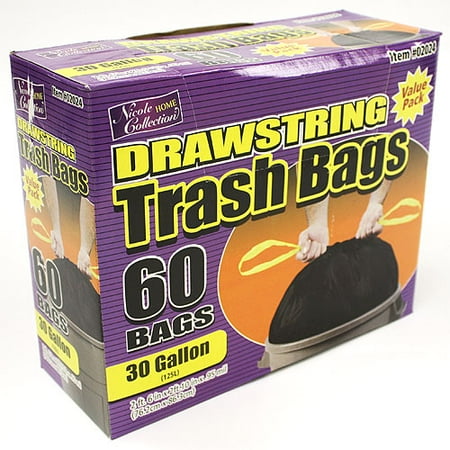 Nicole Home Collection Drawstring Trash Bags, Black, 30 Gallon, 60 Ct