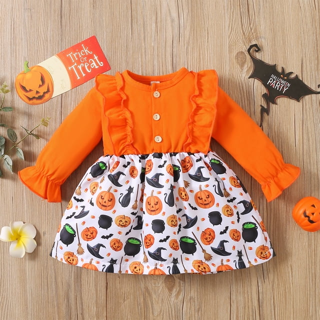 Kmbangi Robe d'Halloween pour Tout-Petit Fille 0-4 Ans, Manches Longues, Épaules Dégagées, Vêtements Imprimés Citrouille