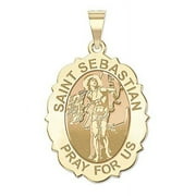 Saint Sebastian - Scalloped Oval Religious Medal 2/3 X 3/4 Inch Size of Nickel, Solid 14K Yellow Gold