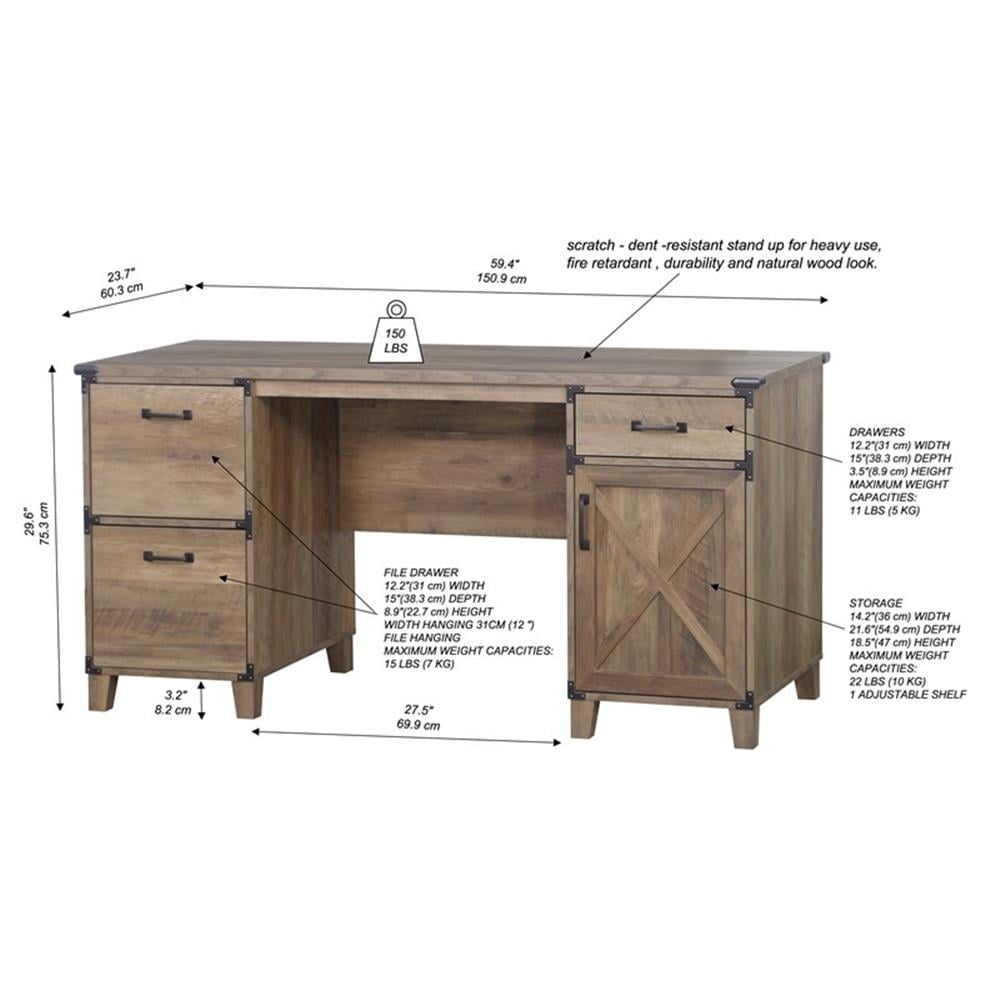 Pemberley Row Engineered Wood Rustic Oak Executive Desk Rectangular Scratch Resistant 59.4"