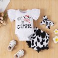 thumbnail image 2 of IBTOM CASTLE Newborn Baby Girls Casual Clothes Ruffles Sleeve Romper + Fruit Floral Bottoms Shorts + Headband 3PCS Summer Birthday Outfits 0-3 Months Cow, 2 of 8