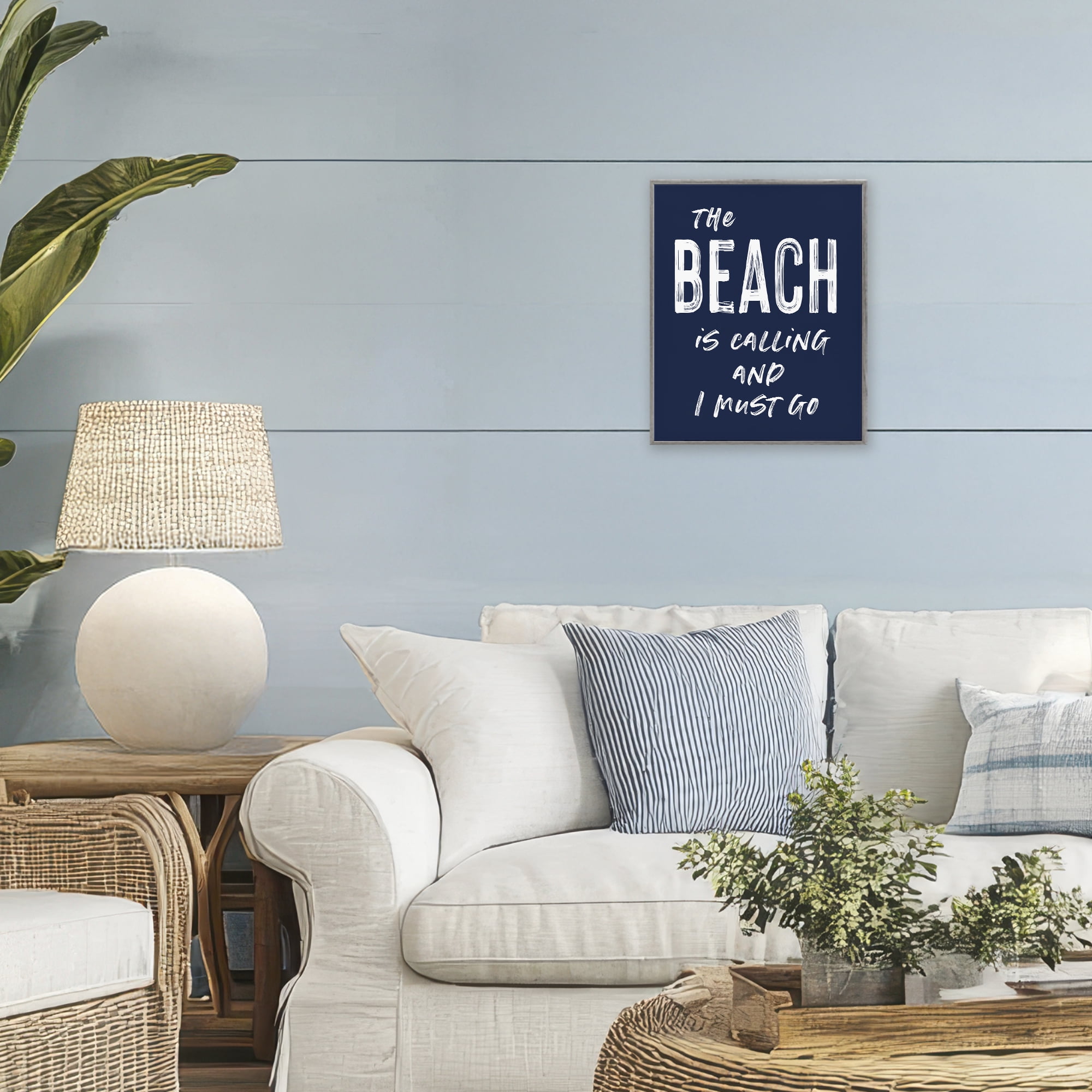 Beach Is Calling Summer Sentiment Gray Framed Giclee Art, design by Lettered and Lined