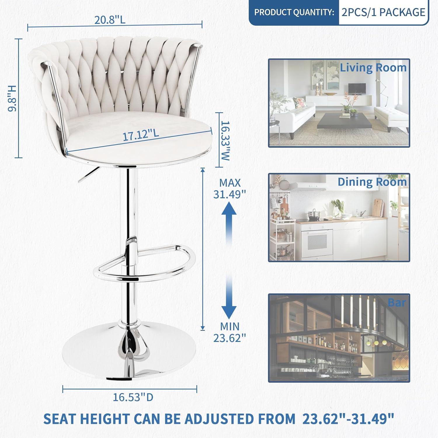 LinkRomat Velvet Bar Stools Set of 2,Swivel Counter Height Bar Stools with Backrest and Footrest,for Kitchen Island Dining Chairs,White