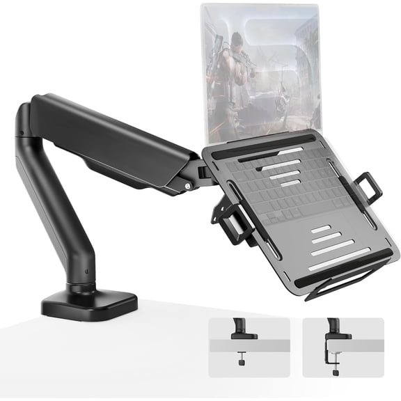 monTEK Laptop Arm Mount for Desk, 2-in-1 Monitor & Laptop Stand, Fits 12"–18" Laptops and 17"–32" Monitors, Adjustable Aluminum Desk Mount with VESA 75/100mm, Clamp/Grommet, Black