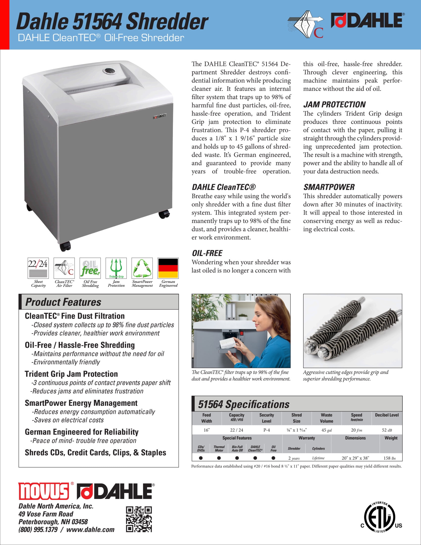 DAHLE CleanTEC 51564 Oil-Free Paper Shredder w/Air Filter, German Engineered, 22 Sheet Max, Level P-4 | O-3