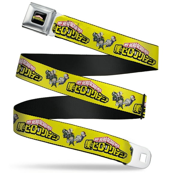 My Hero Academia Belt, Seatbelt Buckle Belt, My Hero Academia Character Trio Pose and Title Logo Yellow, 30 to 44 Inches