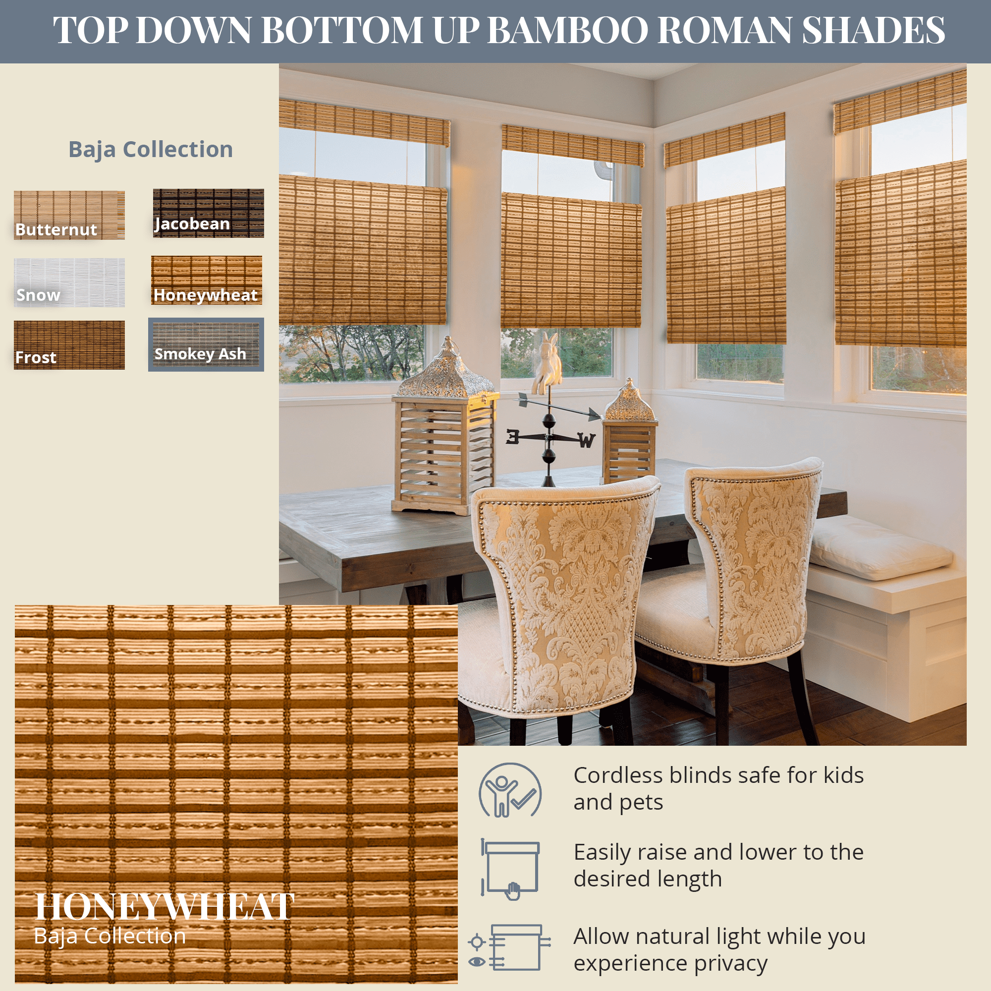 Natural Woven Top Down Bottom Up Cordless Bamboo Roman Shades for Windows, 61.5 in. W x 60 in. L, Honey Wheat