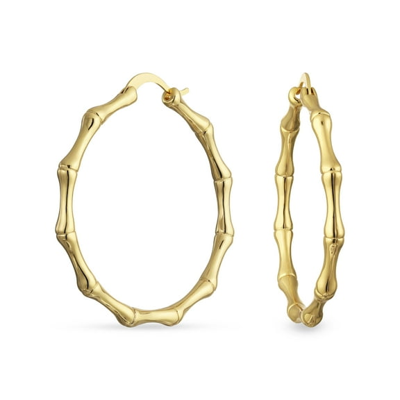 Bling Jewelry Womens Fashion Statement Hoop Huggie Earrings 18K Gold Plated Bamboo 1-2 Inch Diameter