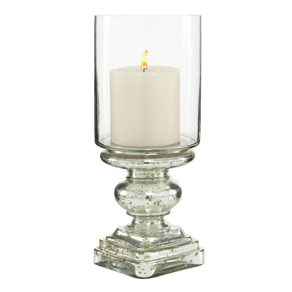 DecMode Silver Glass Handmade Turned Style Pillar Hurricane Lamp with Faux Mercury Glass Finish