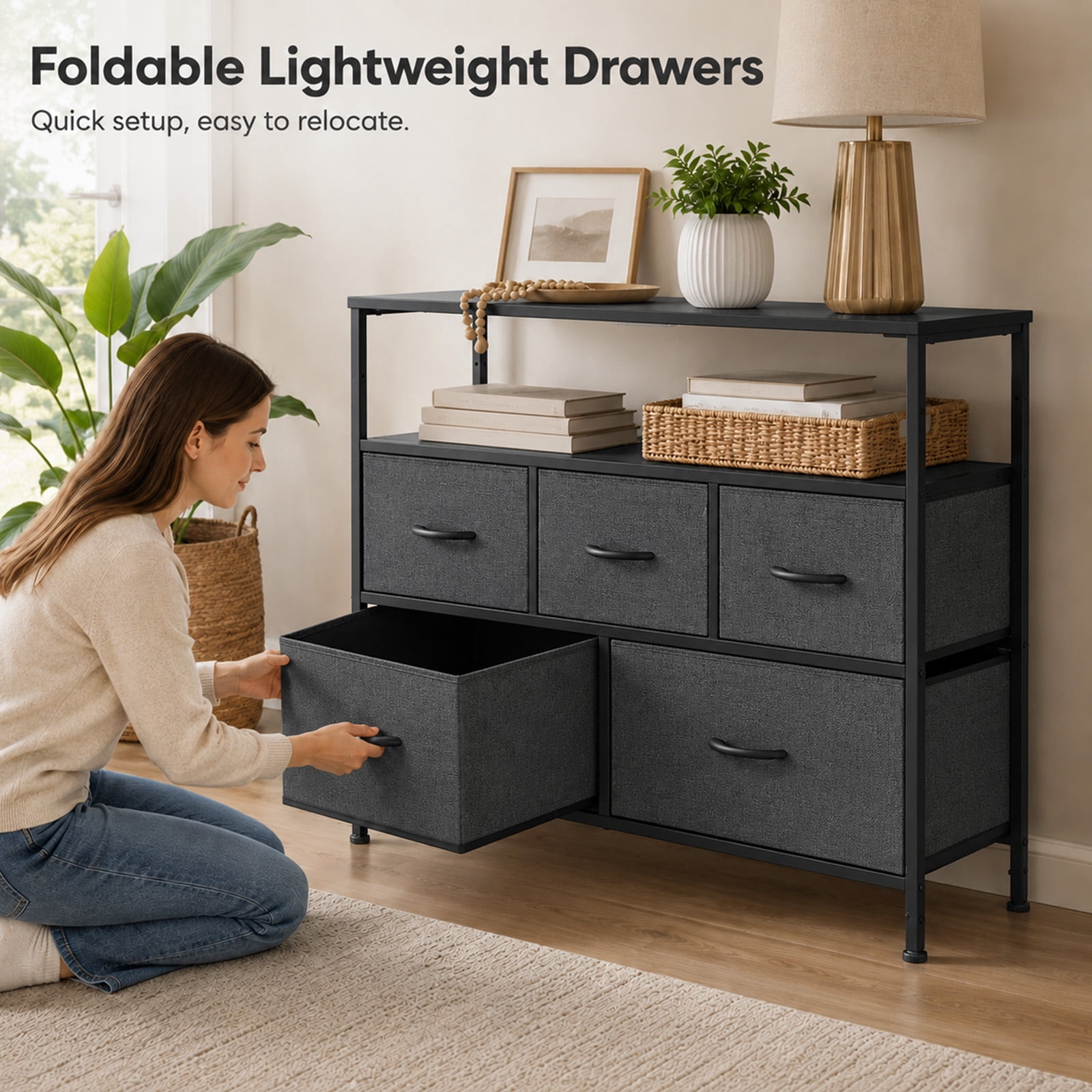 Alvantor Tall Fabric Dresser, TV Stand Media Console, 5 Drawer Storage Tower with Wooden Top for Bedroom, Entryway, Nursery